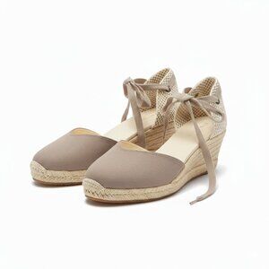 Soludos Taupe Canvas Espadrille Wedge Sandals Ankle Tie Size 11